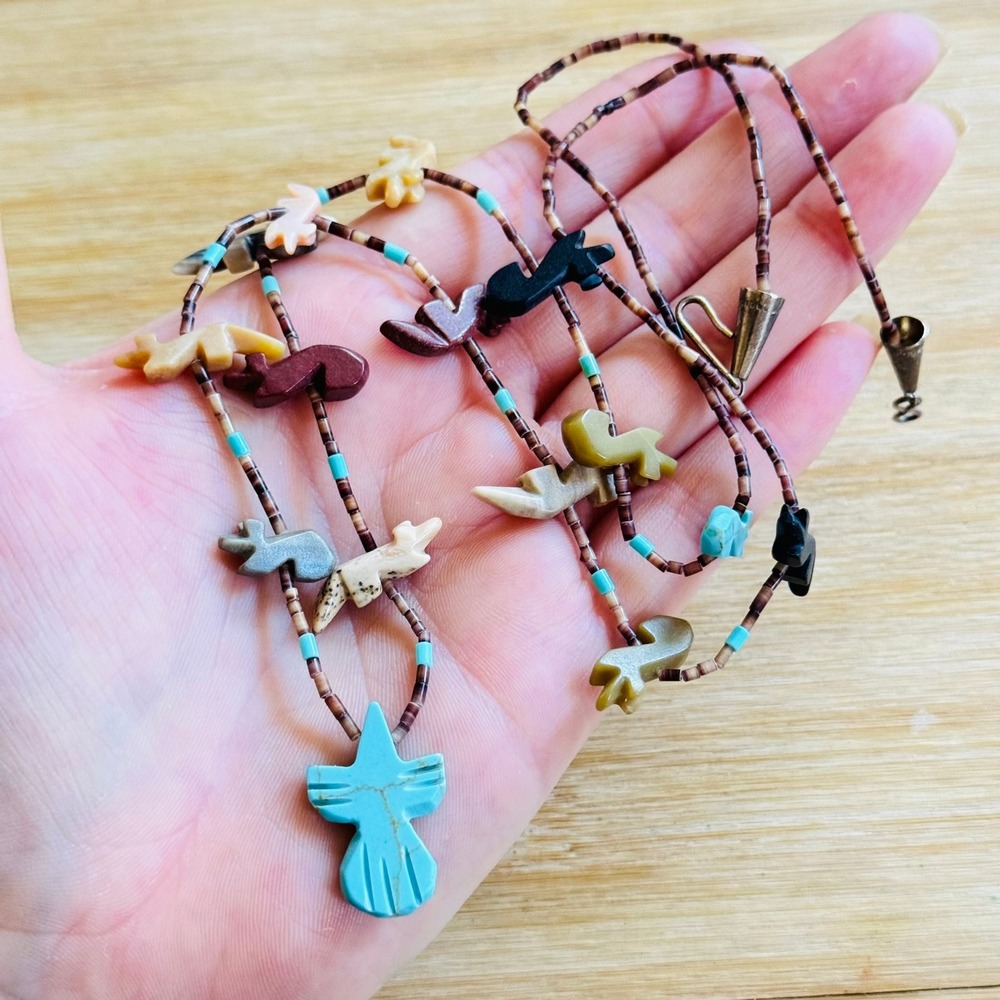VTG Fetish Turquoise Necklace Zuni Thunderbird Wolf Fish Bear Animal Sterling